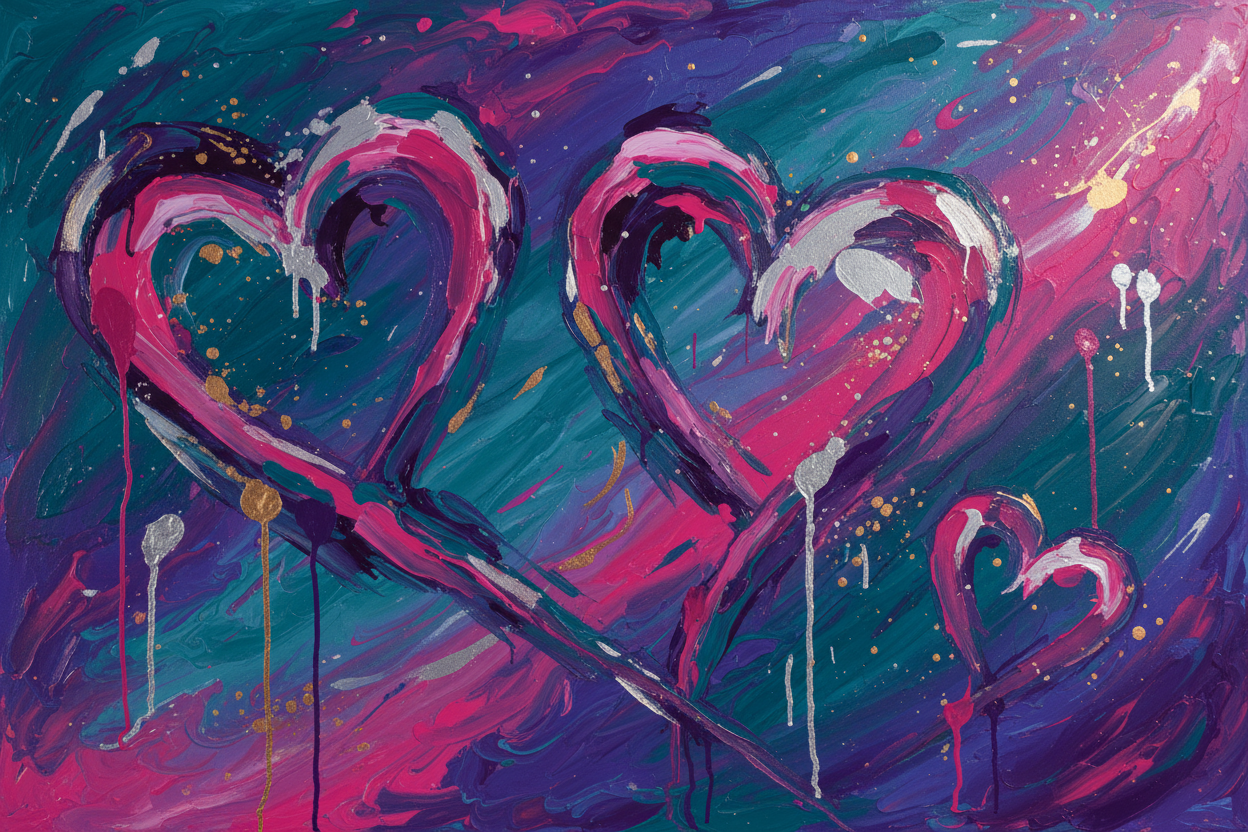 abstract hearts and brushstrokes in teal, purple, and pink